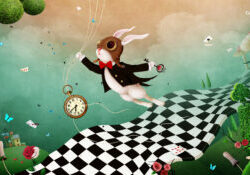 Magical fantasy background Wonderland with  Rabbit and  chess road.